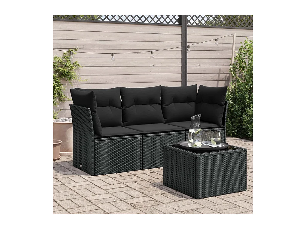 Salon de jardin 4 pcs avec coussins noir résine tressée