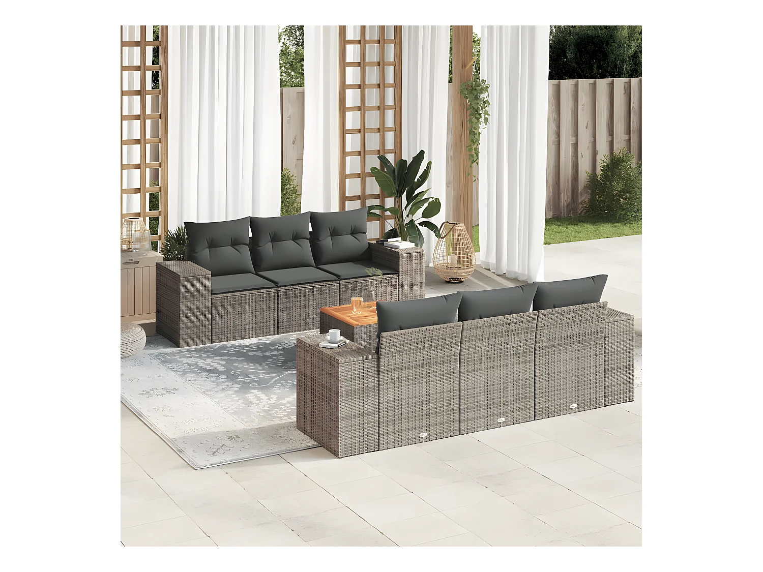 Salon de jardin avec coussins 7 pcs gris résine tressée