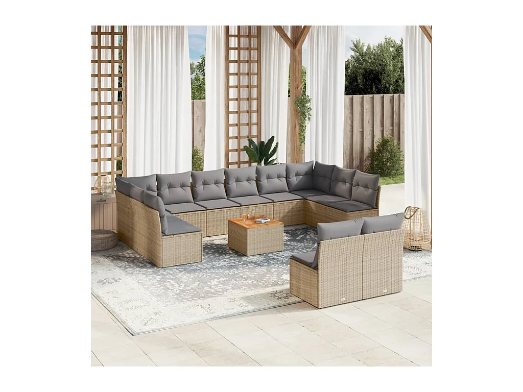 Salon de jardin avec coussins 13 pcs beige résine tressée