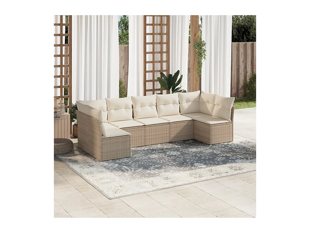 Set Divani da Giardino 7 pz con Cuscini Beige in Polyrattan