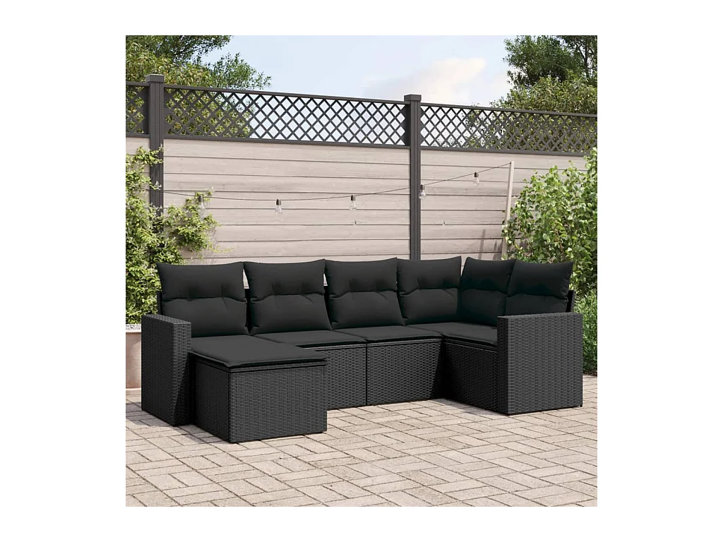 Salon de jardin 6 pcs avec coussins noir résine tressée