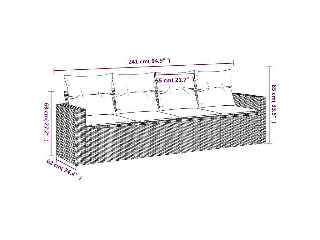 Salon de jardin 4 pcs avec coussins noir résine tressée