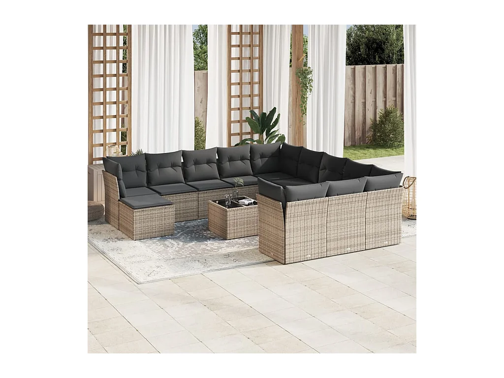 13-tlg. Garten-Sofagarnitur mit Kissen Grau Poly Rattan
