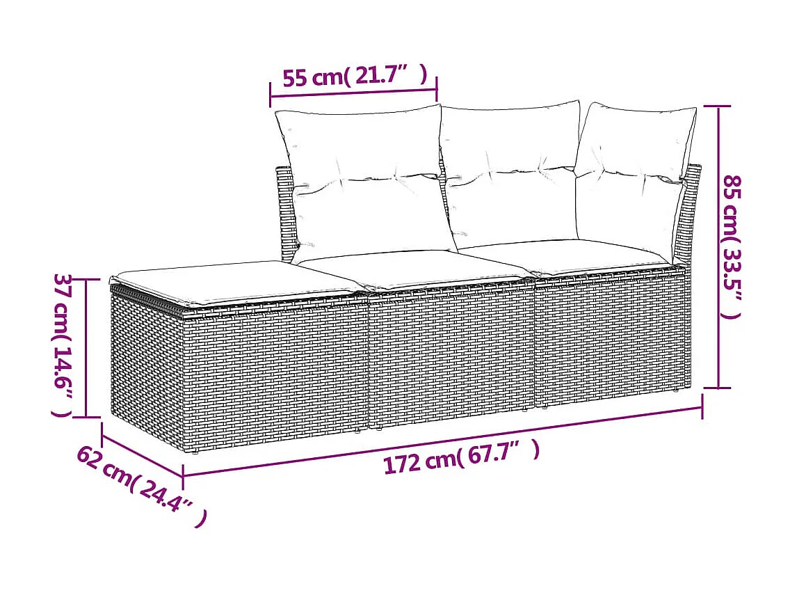 3 pcs conjunto sofás de jardim com almofadões vime PE preto