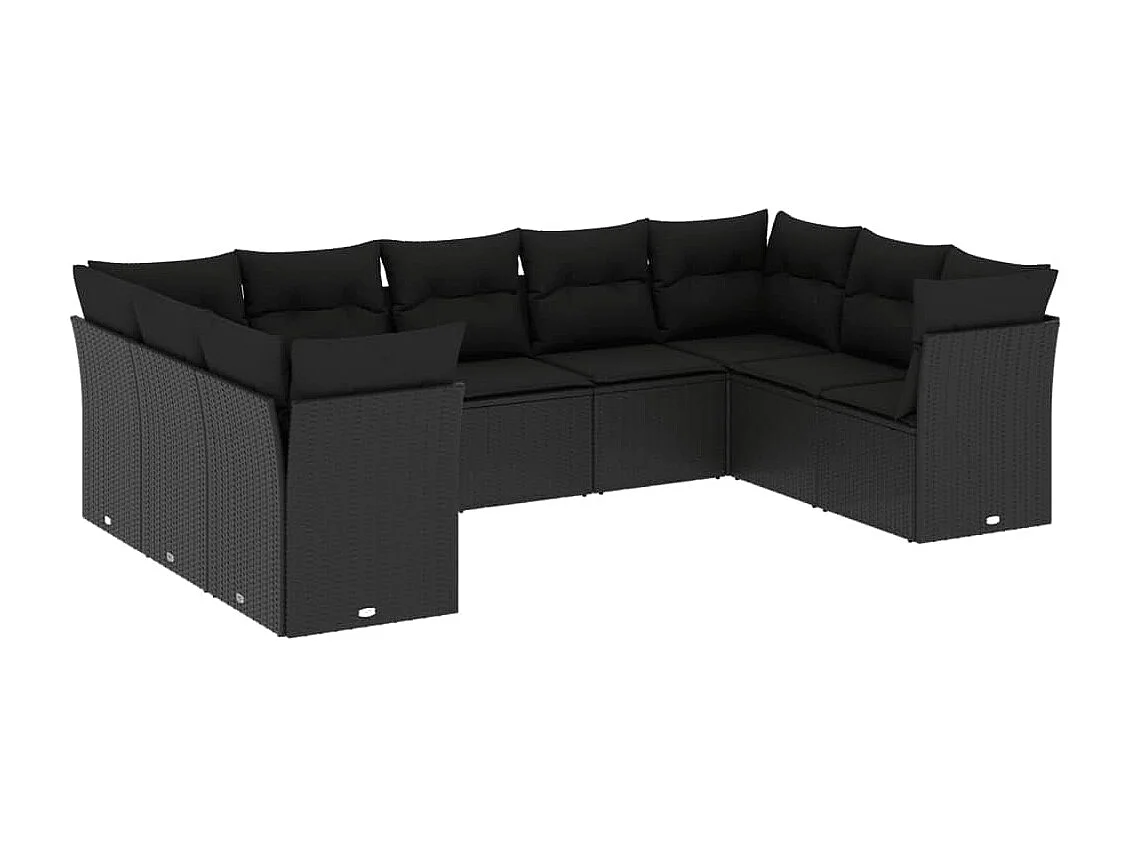 9 pcs conjunto de sofás p/ jardim c/ almofadões vime PE preto
