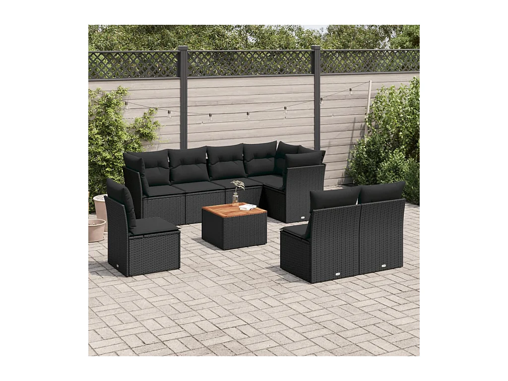 9-delige Loungeset met kussens poly rattan zwart