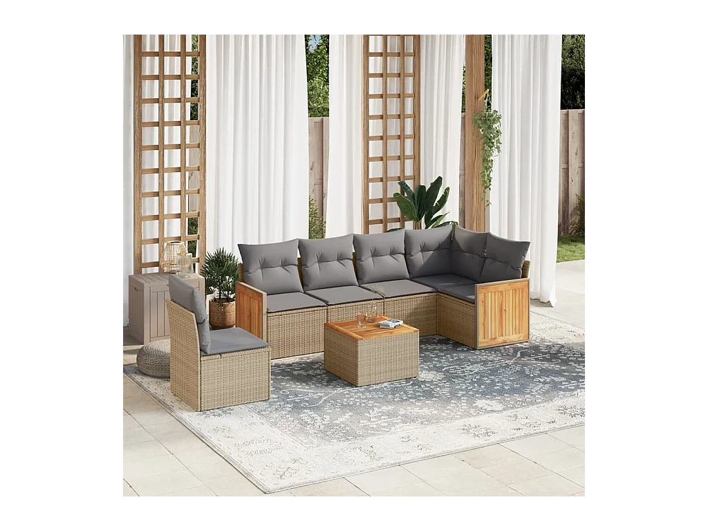 Set Divani da Giardino 7 pz con Cuscini Beige in Polyrattan