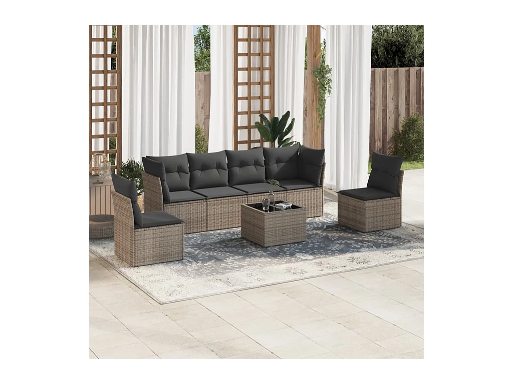Salon de jardin avec coussins 7 pcs gris résine tressée
