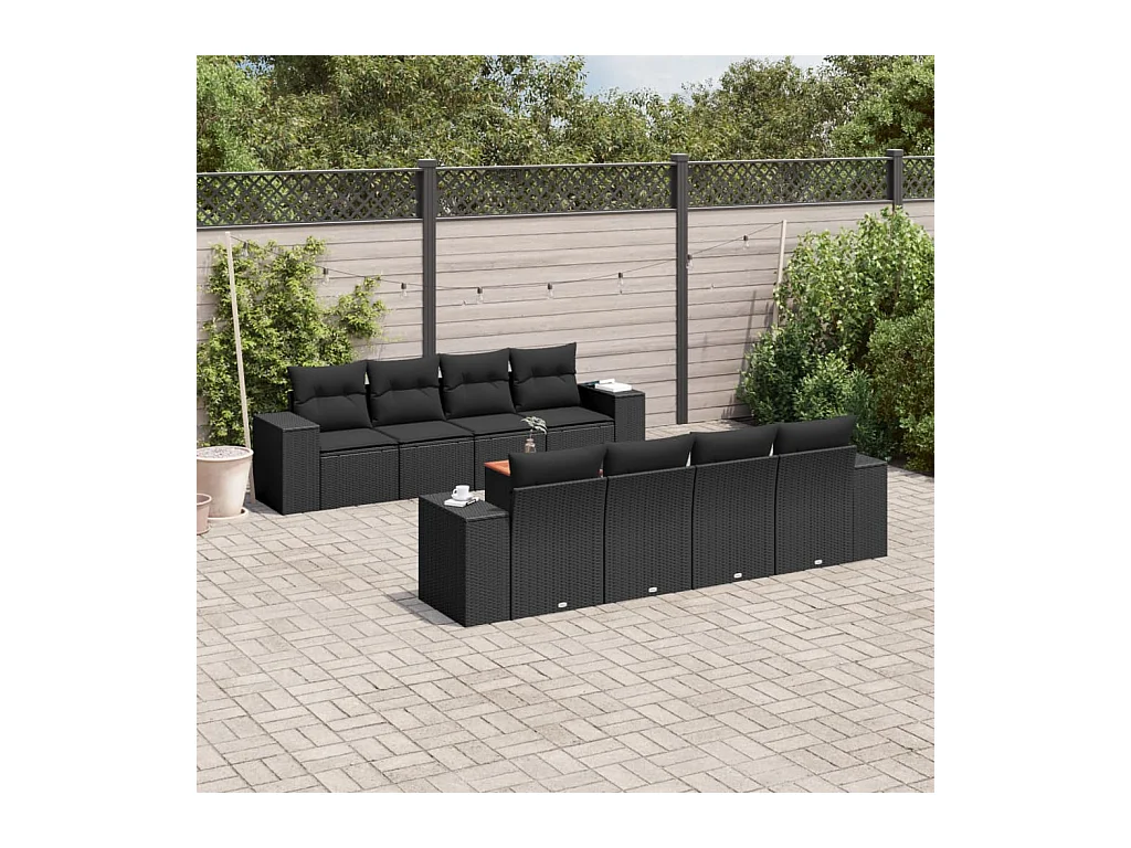 Salon de jardin 9 pcs avec coussins noir résine tressée