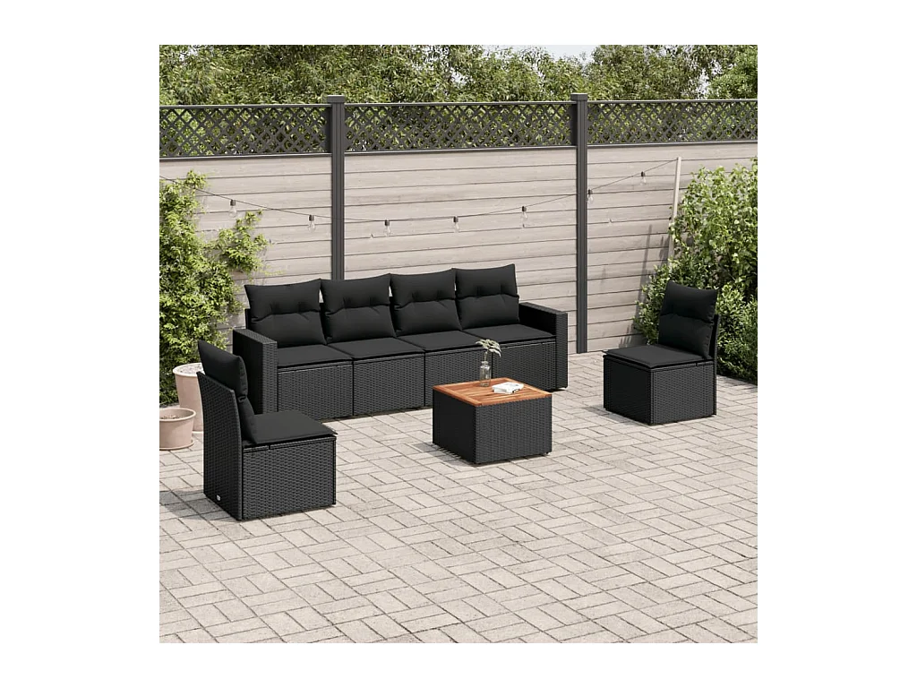 Salon de jardin 7 pcs avec coussins noir résine tressée