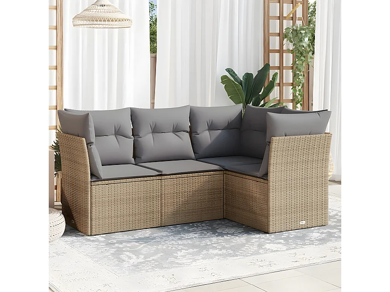 Set Divano da Giardino 4 pz con Cuscini Beige in Polyrattan