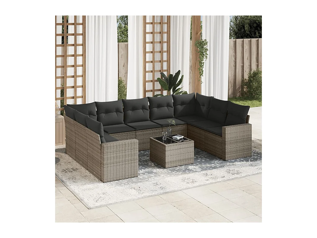 10-delige Loungeset met kussens poly rattan grijs