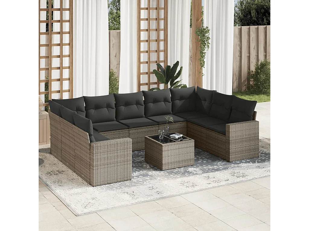 10-tlg. Garten-Sofagarnitur mit Kissen Grau Poly Rattan
