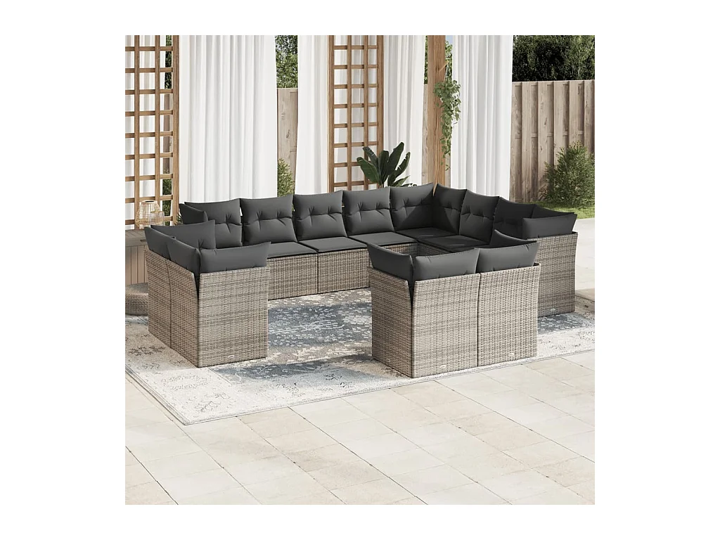 12-tlg. Garten-Sofagarnitur mit Kissen Grau Poly Rattan