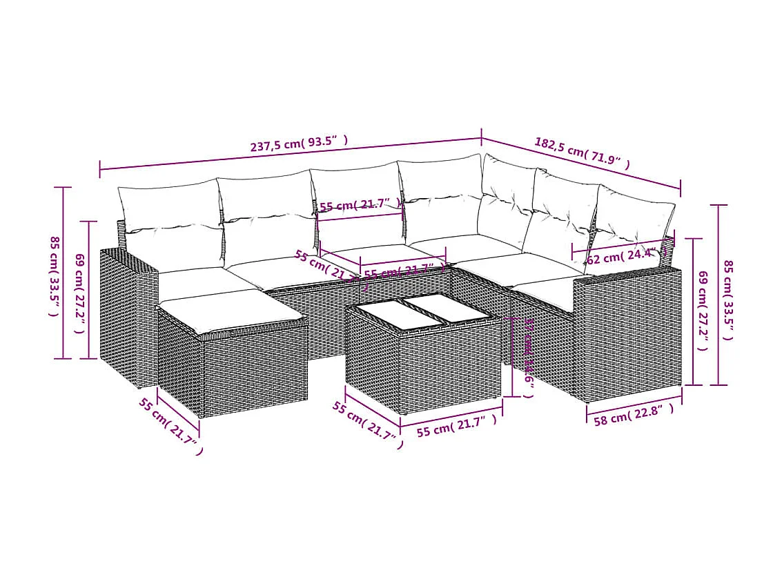 Set Divano da Giardino 8 pz con Cuscini Grigio in Polyrattan