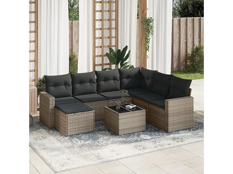 Set Divano da Giardino 8 pz con Cuscini Grigio in Polyrattan