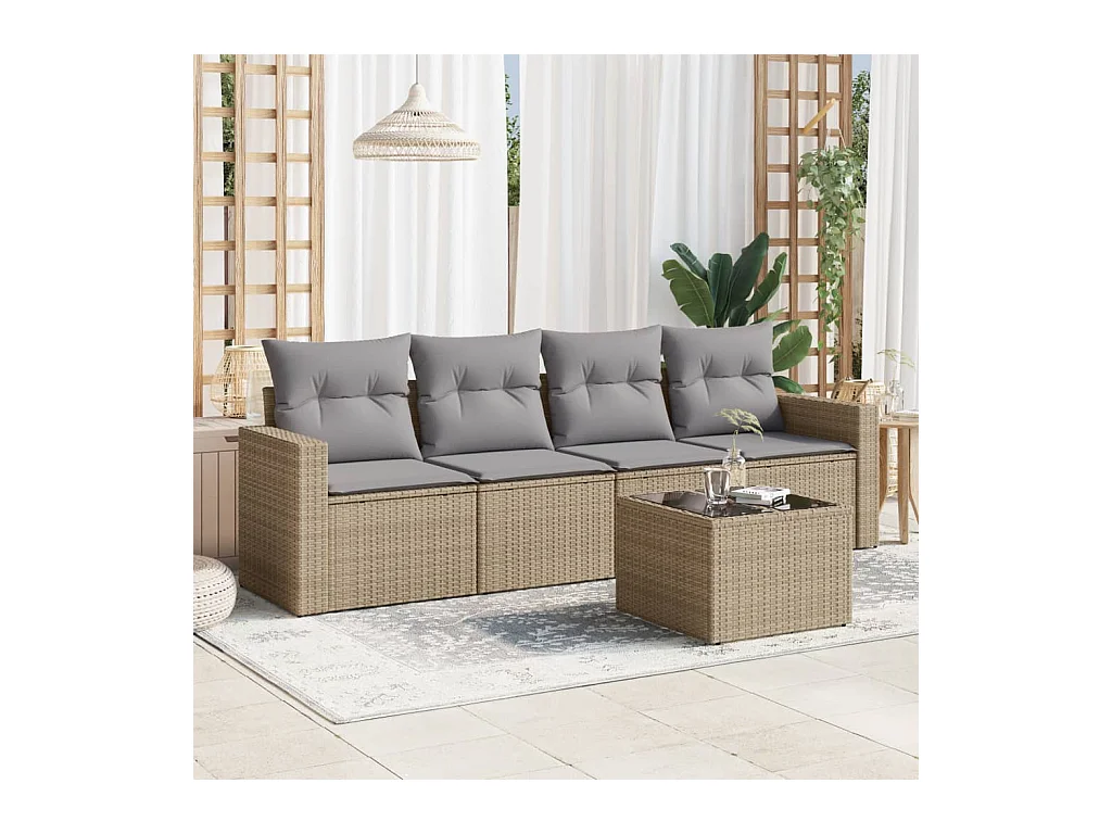 5-tlg. Garten-Sofagarnitur mit Kissen Beige Poly Rattan