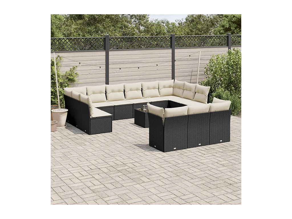 Salon de jardin avec coussins 14 pcs noir résine tressée