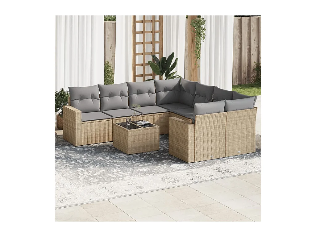 9-delige Loungeset met kussens poly rattan beige