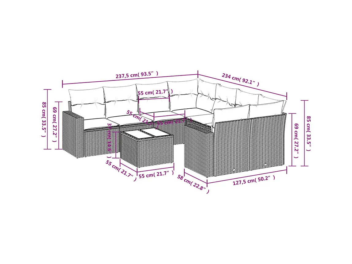 9-tlg. Garten-Sofagarnitur mit Kissen Beige Poly Rattan