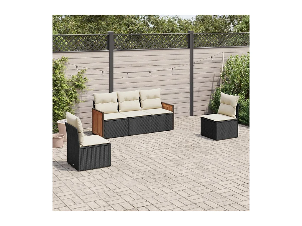 Salon de jardin 5 pcs avec coussins noir résine tressée