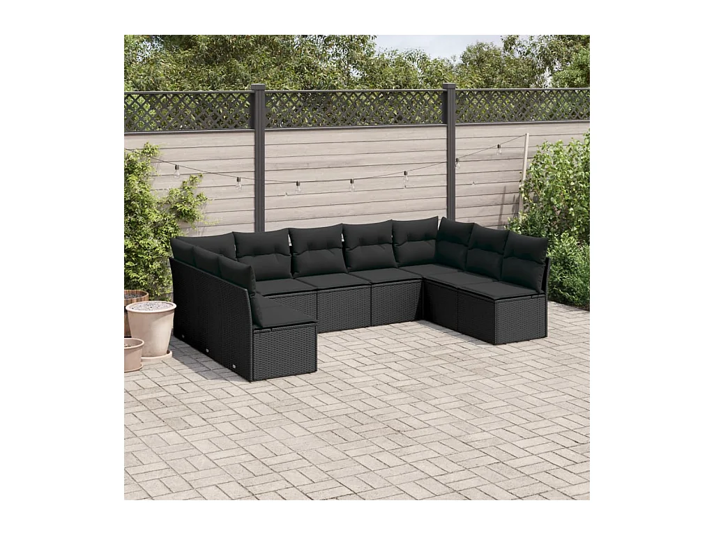 9-delige Loungeset met kussens poly rattan zwart