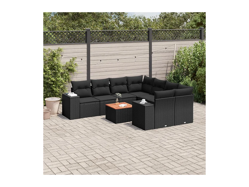 Salon de jardin 9 pcs avec coussins noir résine tressée