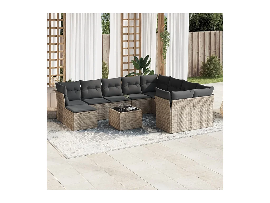 11-tlg. Garten-Sofagarnitur mit Kissen Grau Poly Rattan