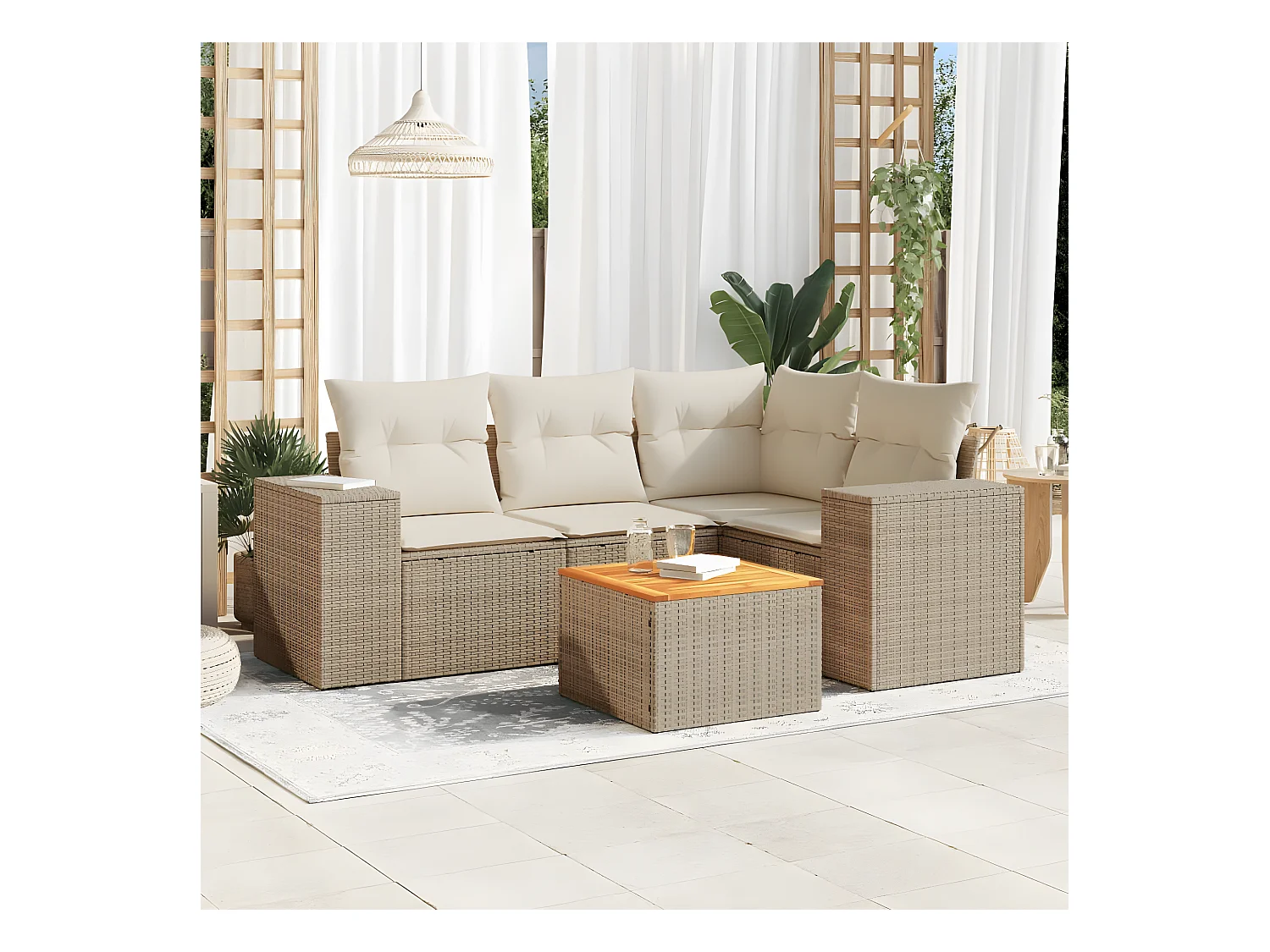 Salon de jardin avec coussins 5 pcs beige résine tressée