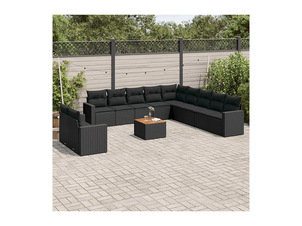 Salon de jardin 12 pcs avec coussins noir résine tressée
