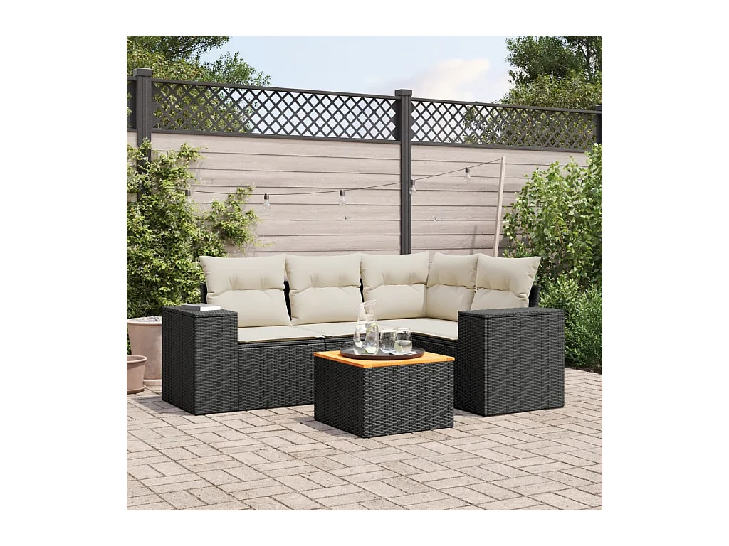 Salon de jardin 5 pcs avec coussins noir résine tressée