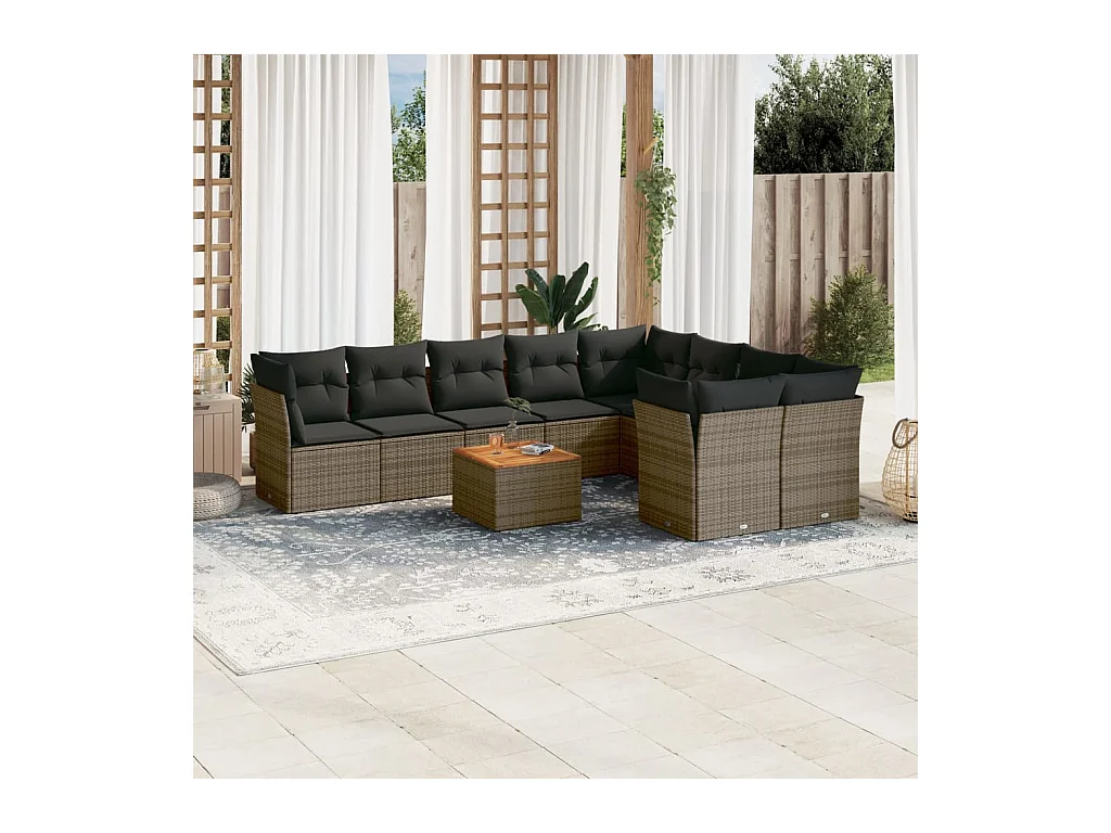 10-delige Loungeset met kussens poly rattan grijs