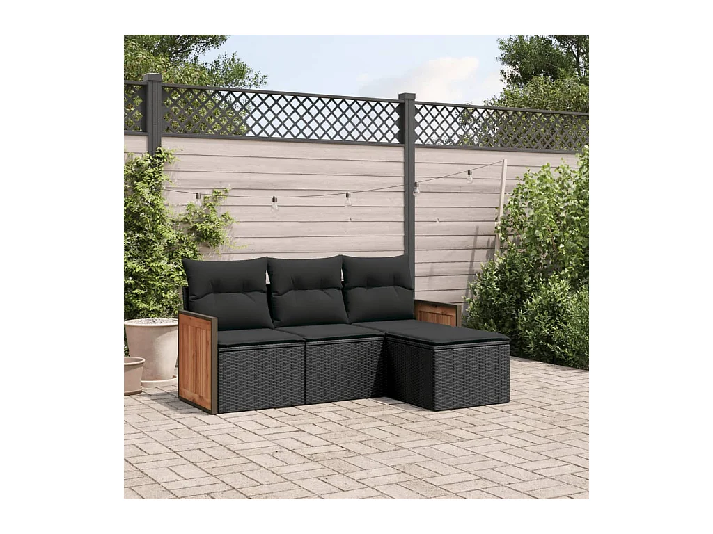 Salon de jardin 4 pcs avec coussins noir résine tressée