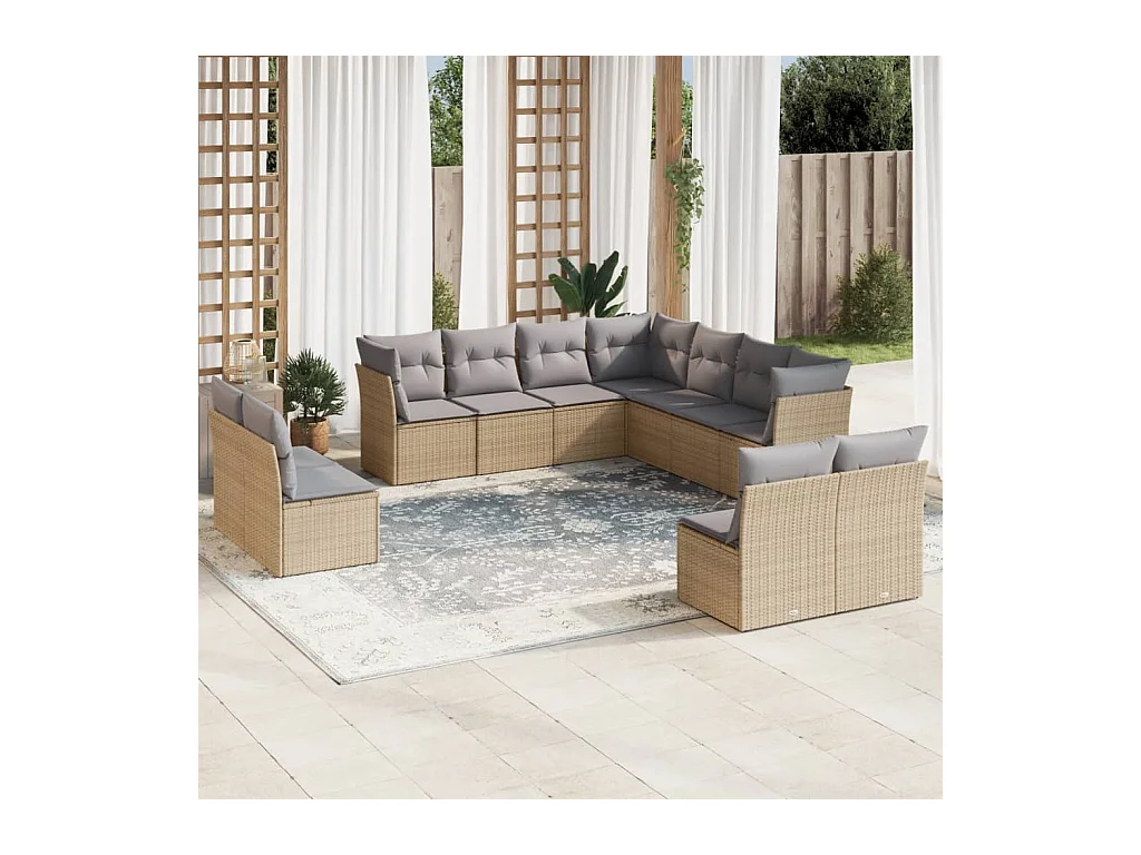 Salon de jardin 11 pcs avec coussins beige résine tressée