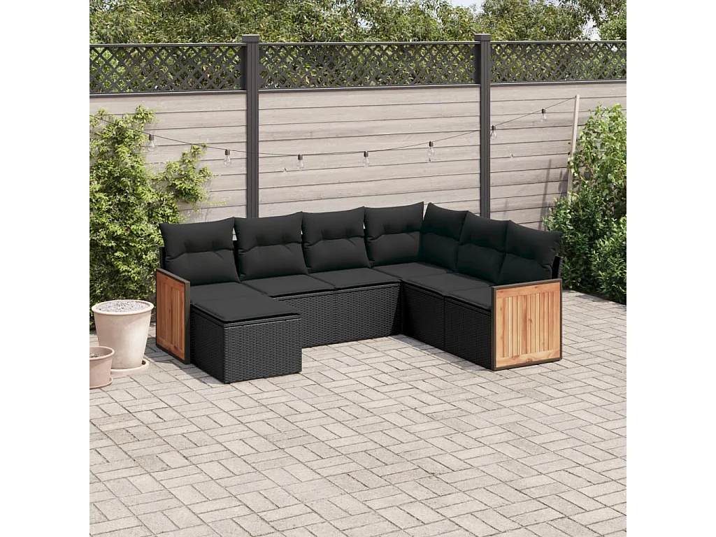 7-tlg. Garten-Sofagarnitur mit Kissen Schwarz Poly Rattan