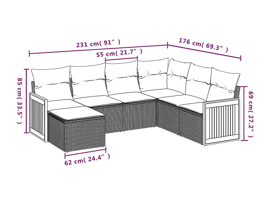 7-tlg. Garten-Sofagarnitur mit Kissen Schwarz Poly Rattan