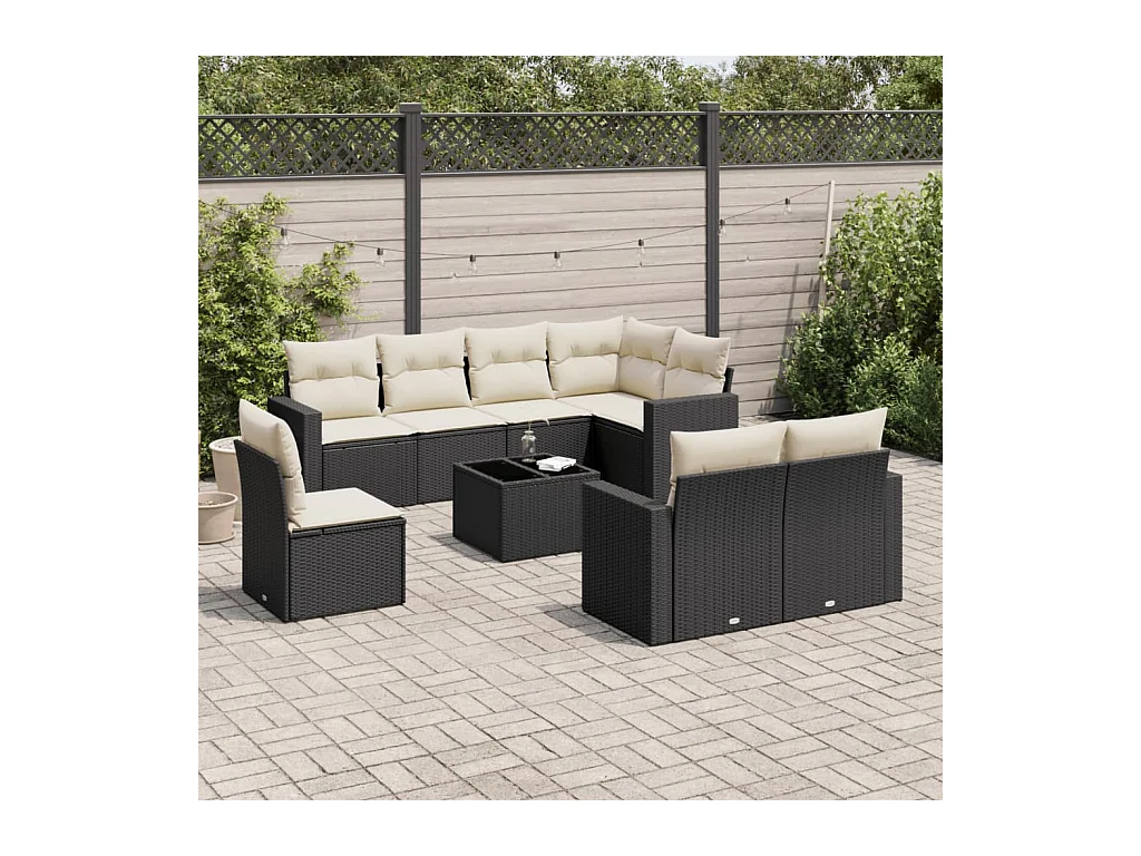 Salon de jardin 9 pcs avec coussins noir résine tressée