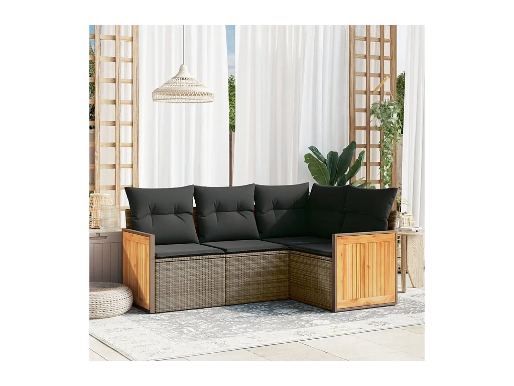 Salon de jardin 4 pcs avec coussins gris résine tressée