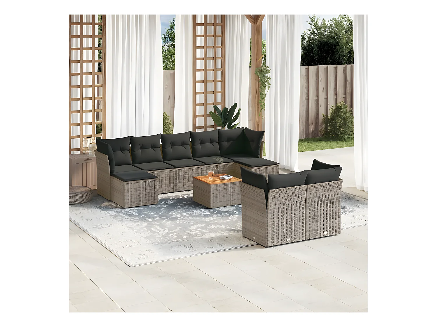 Salon de jardin avec coussins 10 pcs gris résine tressée