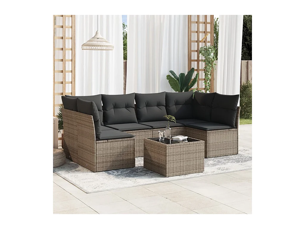7-tlg. Garten-Sofagarnitur mit Kissen Grau Poly Rattan