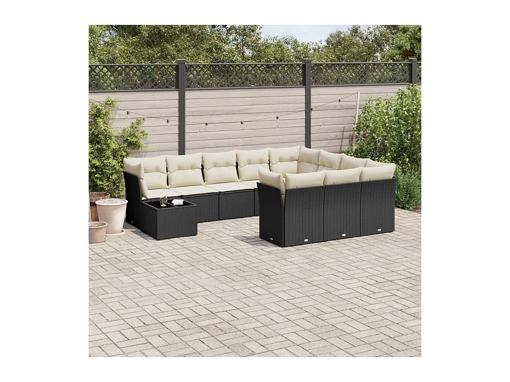 11-tlg. Garten-Sofagarnitur mit Kissen Schwarz Poly Rattan