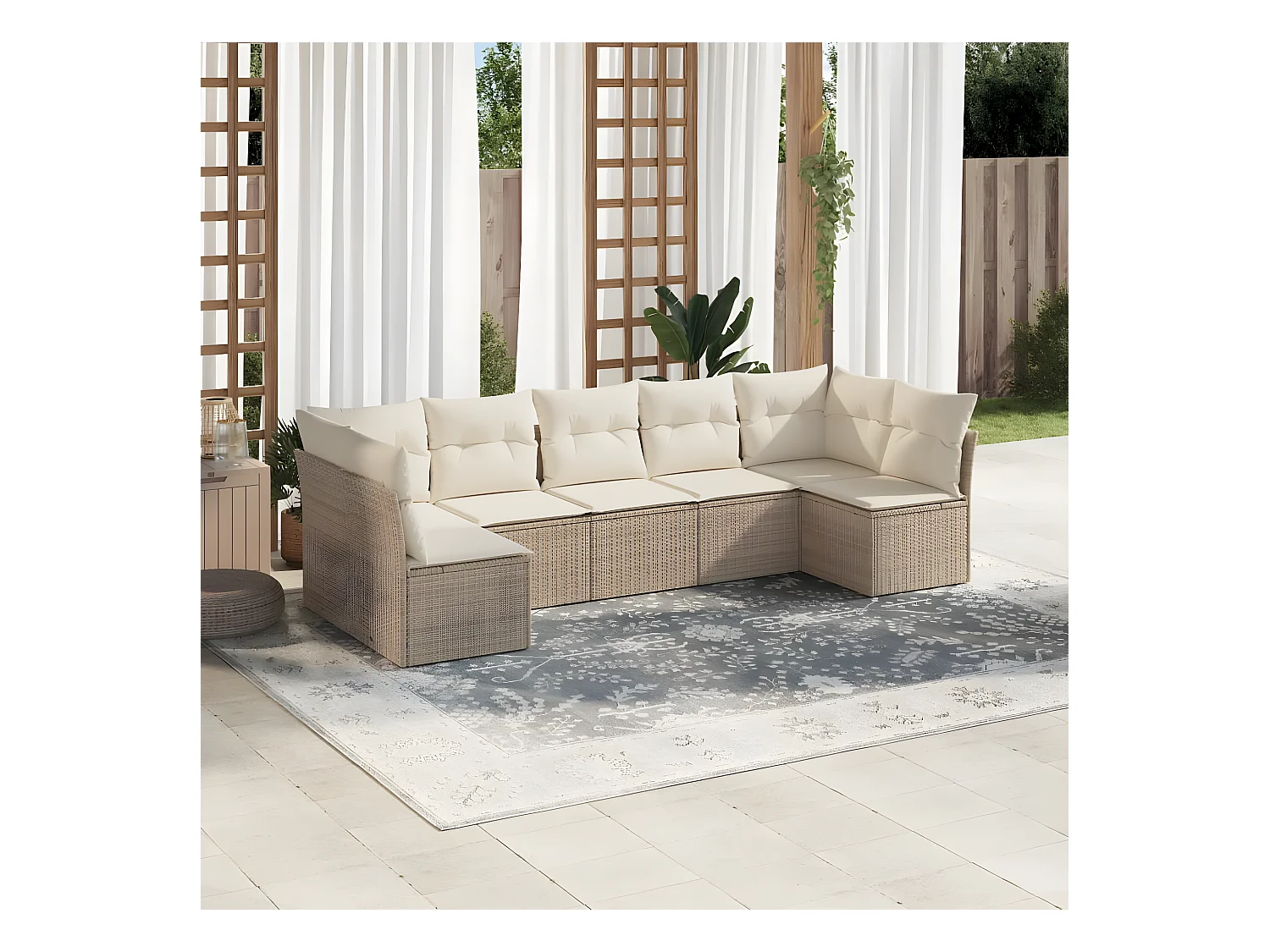 Set Divani da Giardino 7 pz con Cuscini Beige in Polyrattan