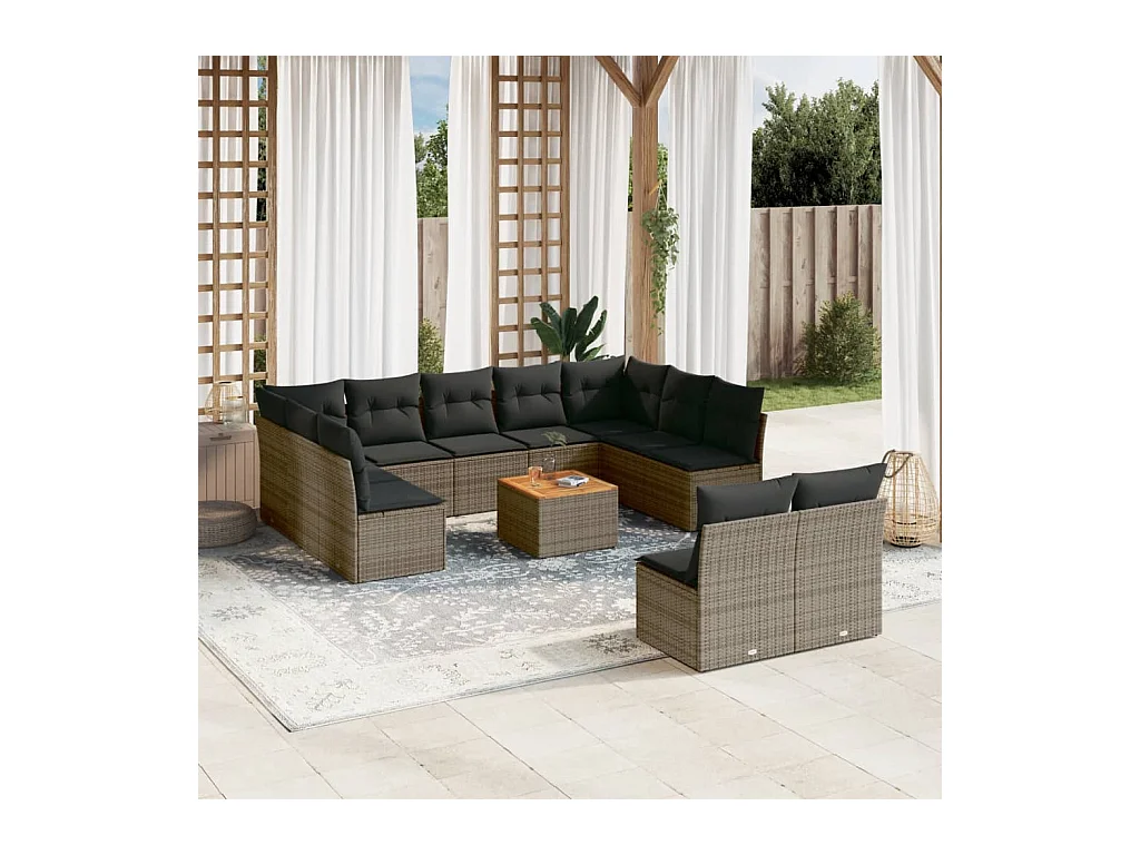 12-delige Loungeset met kussens poly rattan grijs