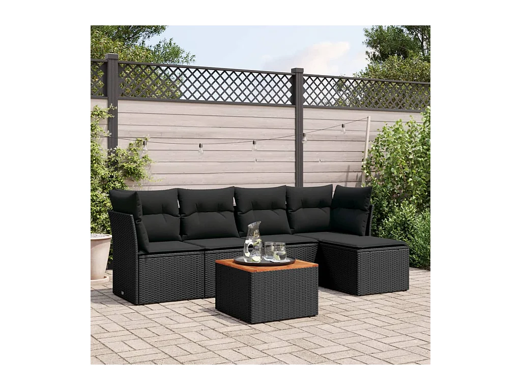 Salon de jardin 6 pcs avec coussins noir résine tressée