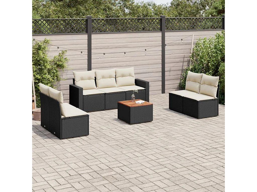 Salon de jardin 8 pcs avec coussins noir résine tressée