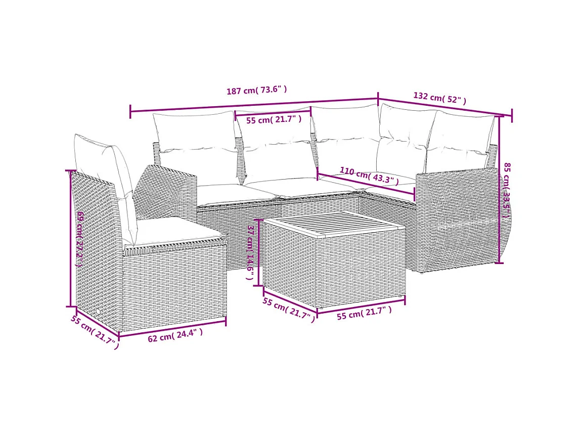 6-tlg. Garten-Sofagarnitur mit Kissen Beige Poly Rattan