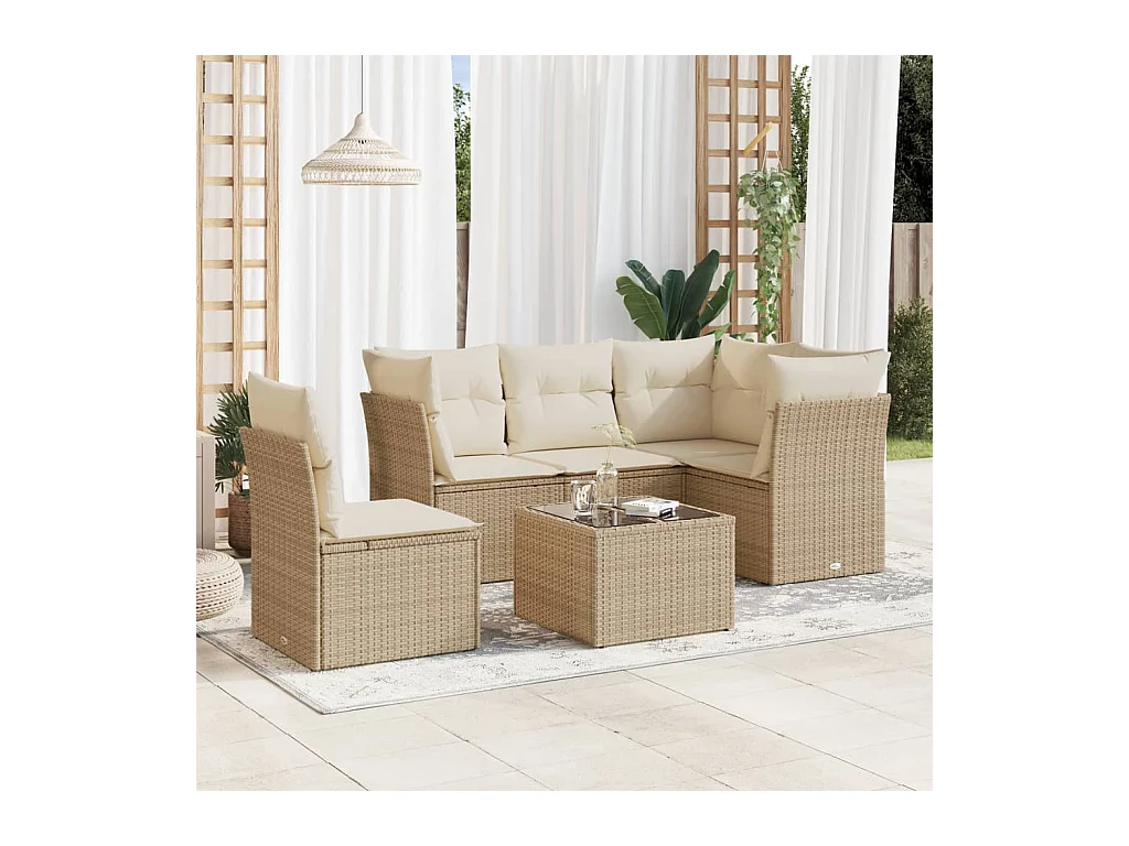 6-delige Loungeset met kussens poly rattan beige