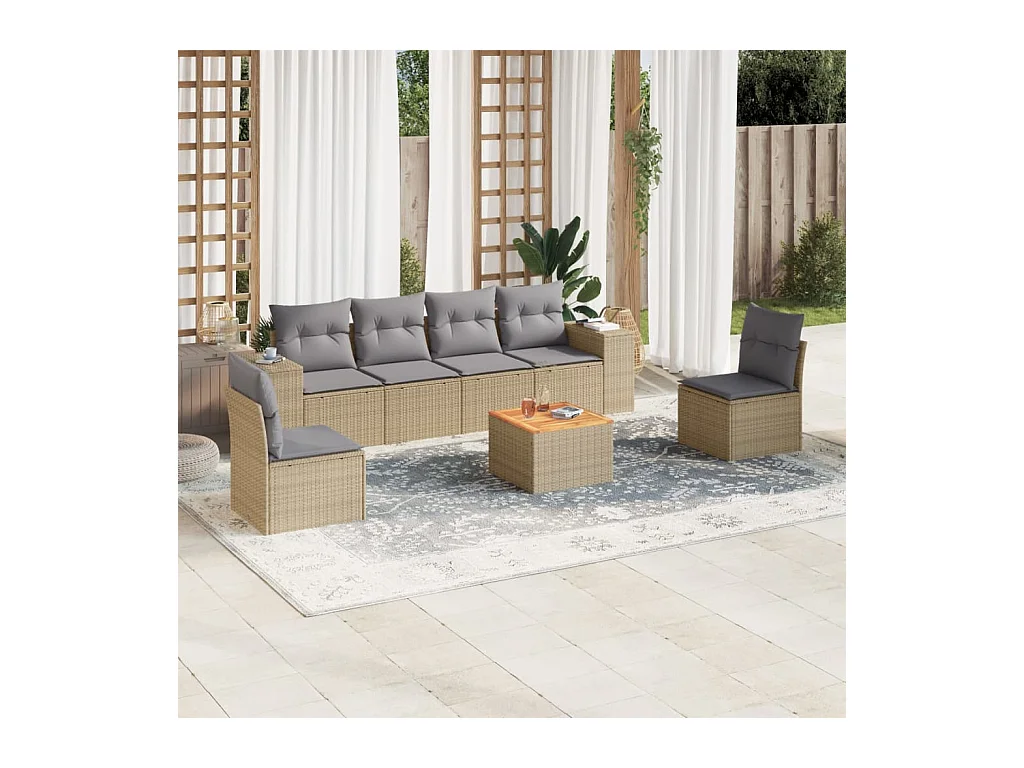 Set Divani da Giardino 7 pz con Cuscini Beige in Polyrattan