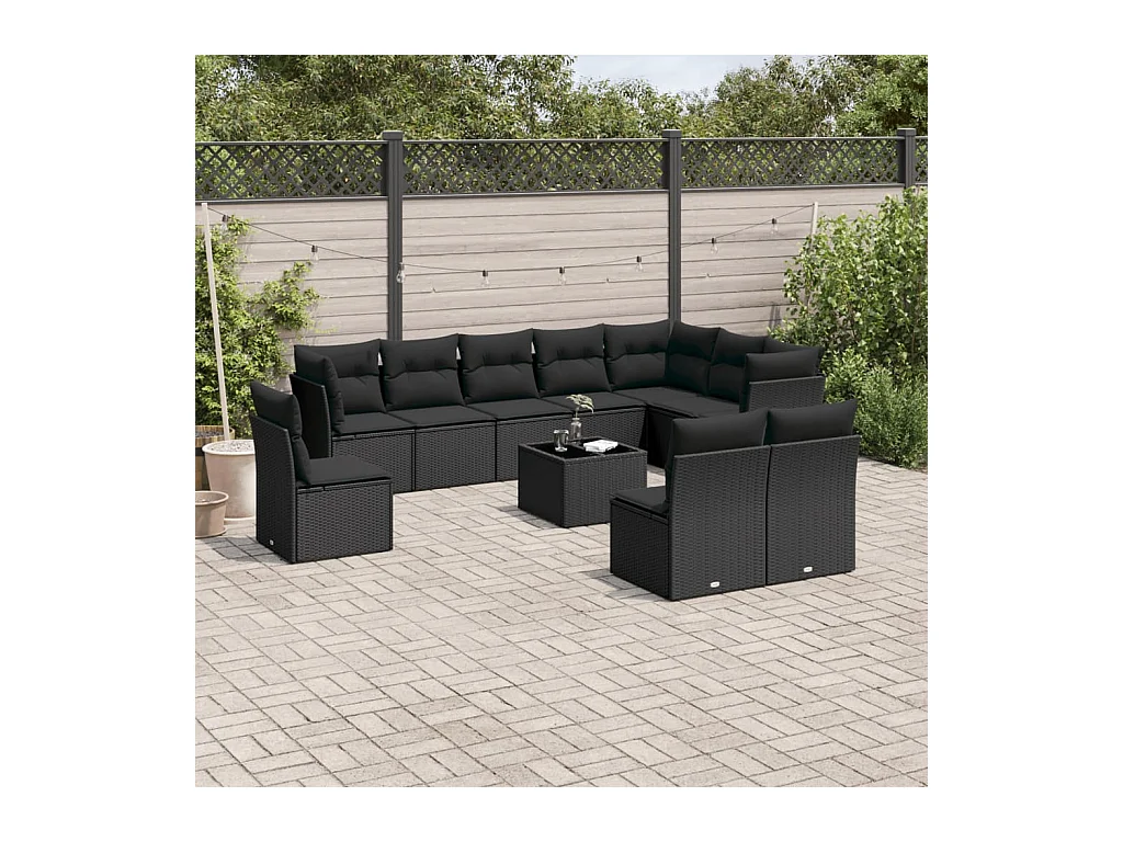 11-delige Loungeset met kussens poly rattan zwart