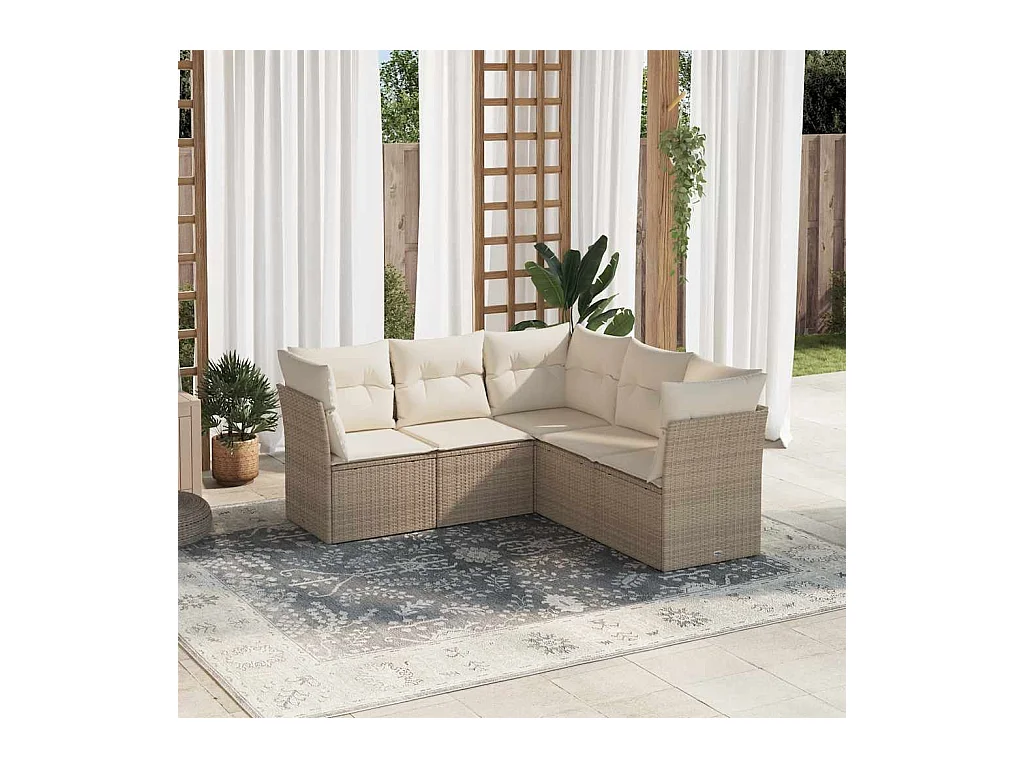 5-delige Loungeset met kussens poly rattan beige